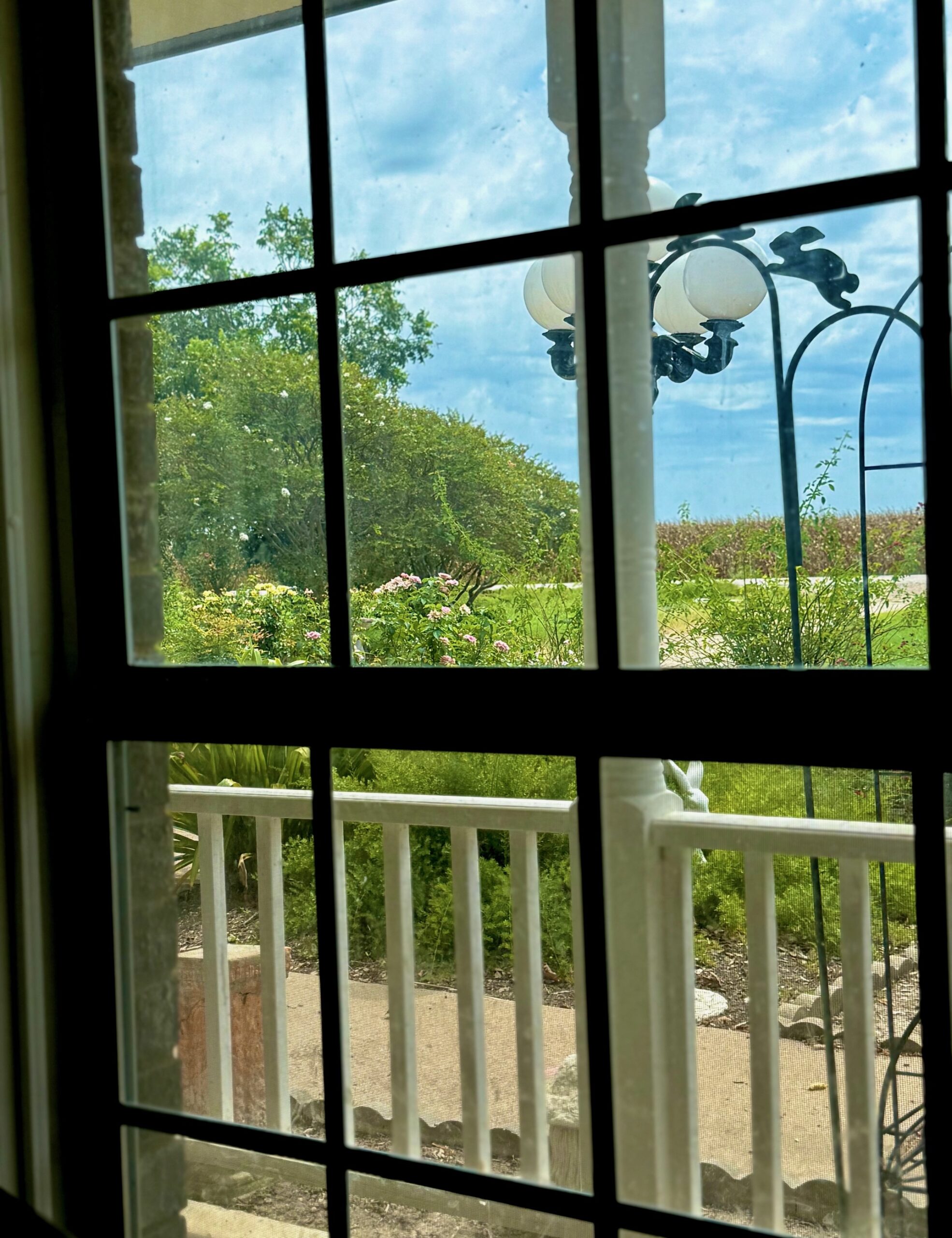 a lovely front porch view of the sky through colonial glass and white picket fence